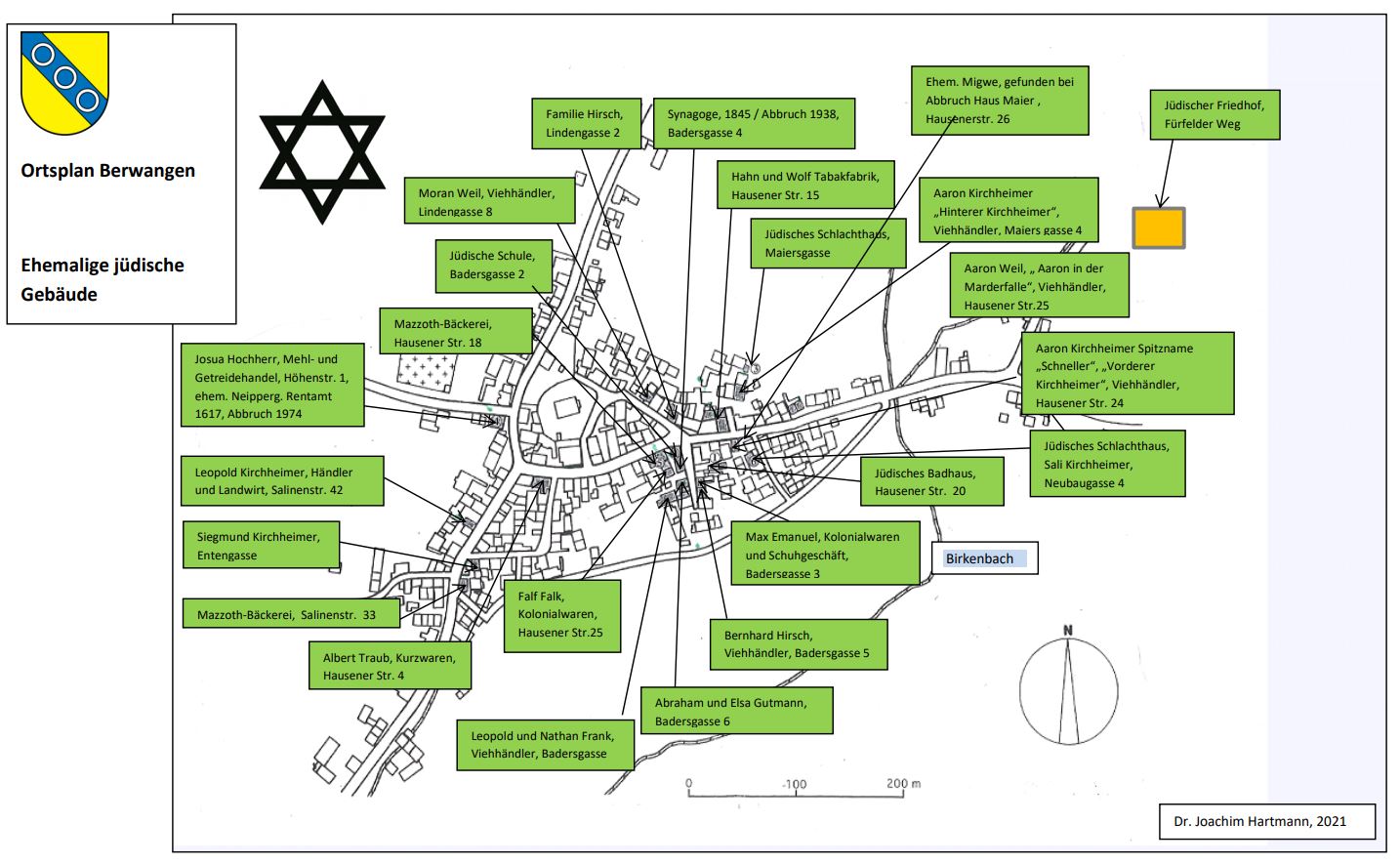  In diesem Plan sind alle im Rundgang beschriebenen ehemaligen Jüdische Gebäude in einer Straßenkarte hinterlegt. Links oben ist das Berwanger Wappen hinterlegt.- Das Bild wird mit Klick vergrößert 