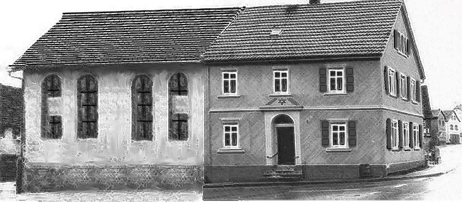  Rechts ist eine Originalaufnahme der jüdischen Schule. Linksseitig wurde von Hand die Synagoge gezeichnet. Ein Sandsteingebäude mit Ziegeldach und vier hohen Sproßenfenstern, die wie einfache Kirchenfenster aussehen. - Das Bild wird mit Klick vergrößert 