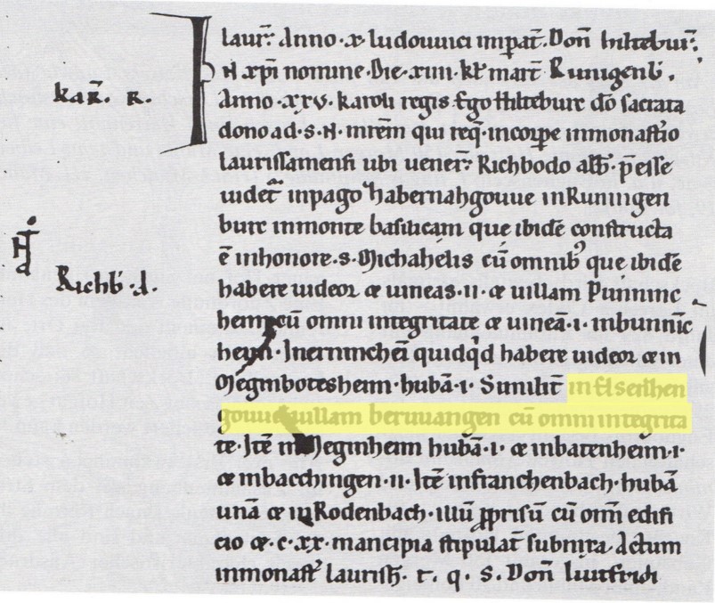  Foto der Schenkungsurkunde der Hilteburc in alter Schrift - das Bild wird mit Klick vergrößert 