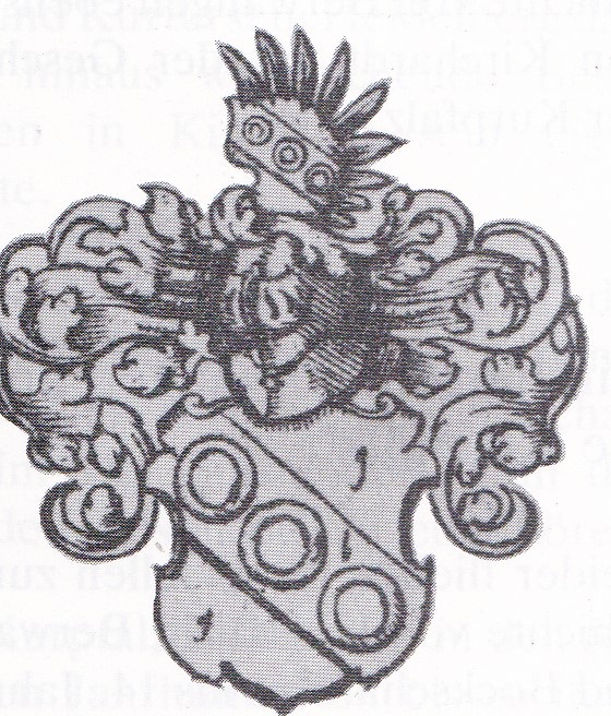  Das Wappen derer von Berwangen – ein in Gold mit drei silbernen Ringen belegter Schrägbalken. - Das Bild wird mit Klick vergrößert 