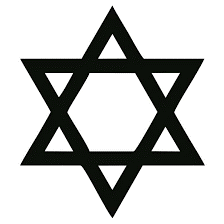  Logo des Judensternes: aus zwei überlagerten schwarzumrandeten Dreiecken, die einen sechszackigen Stern nach Art eines Davidsterns bilden. - Das Bild wird mit Klick vergrößert 