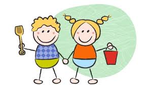  Logo Krabbelgruppe &quot;Kleine Strolche&quot; - gemaltes Bild mit zwei Kindern, die eine Sandschippe und einen Eimer tragen - das Bild wird mit Klick vergrößert 
