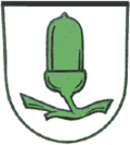  Wappen Kirchardt - in Silber auf waagrechtem grünem Zweig eine steigende grüne Eichel 